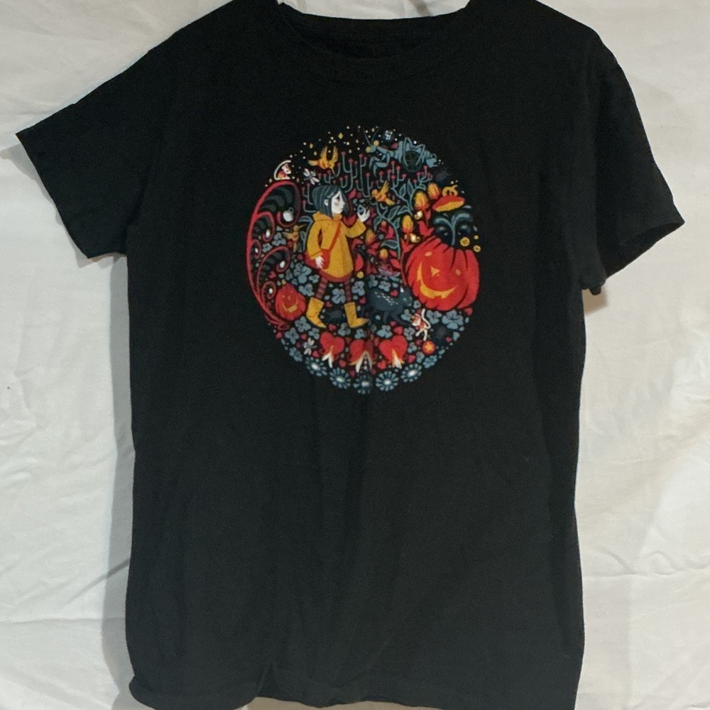 Coraline Black Short Sleeve Tee with Colorful Graphic